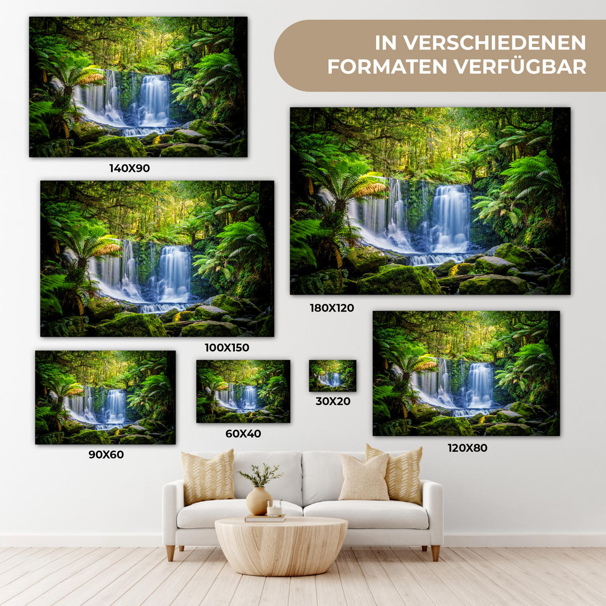 LEINWANDBILD Dschungel - Wasserfall - Australien - Pflanzen - Natur Gemälde 60x40 cm - Dunkelgrün, Textil (60/40cm) - MuchoWow