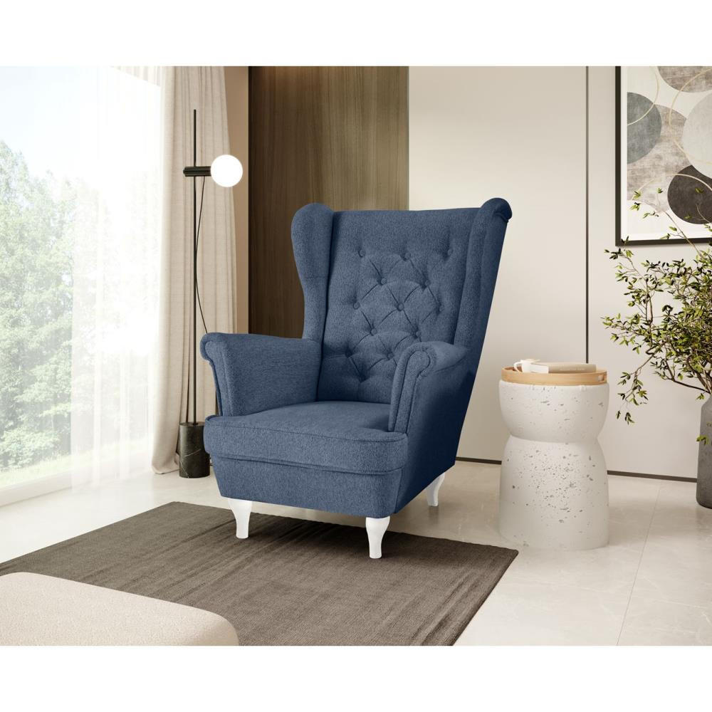 CHESTERFIELD-SESSEL Falco dunkelblau mit Weiß Holzbeinen - Weiß/Dunkelblau, Holz/Textil (82/102/92cm) - Beautysofa