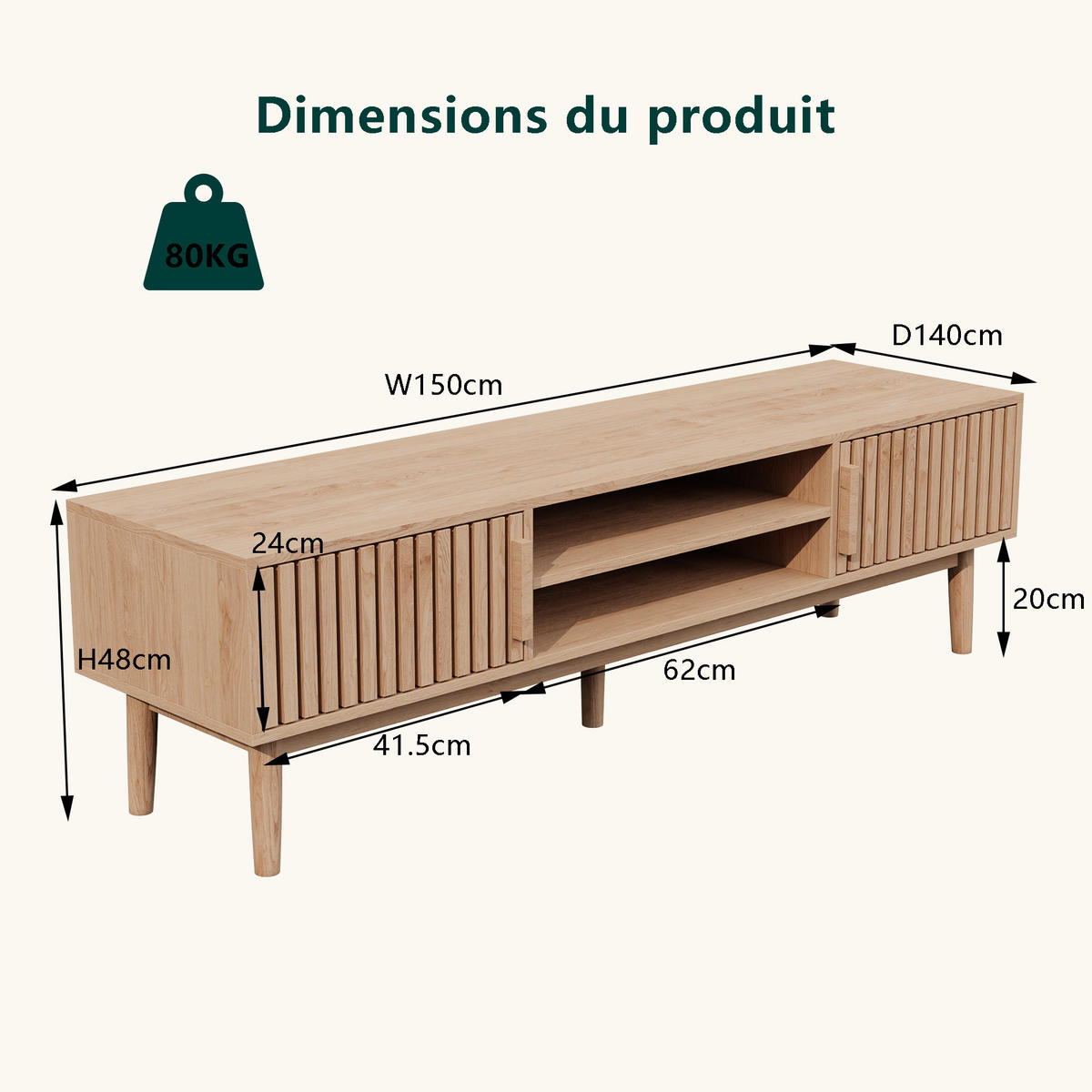 TV LOWBOARD 150x40x48 cm Ablagefächer Holz Art Deco - Naturfarben, Holz (150/48/40cm) - LEBENLANG