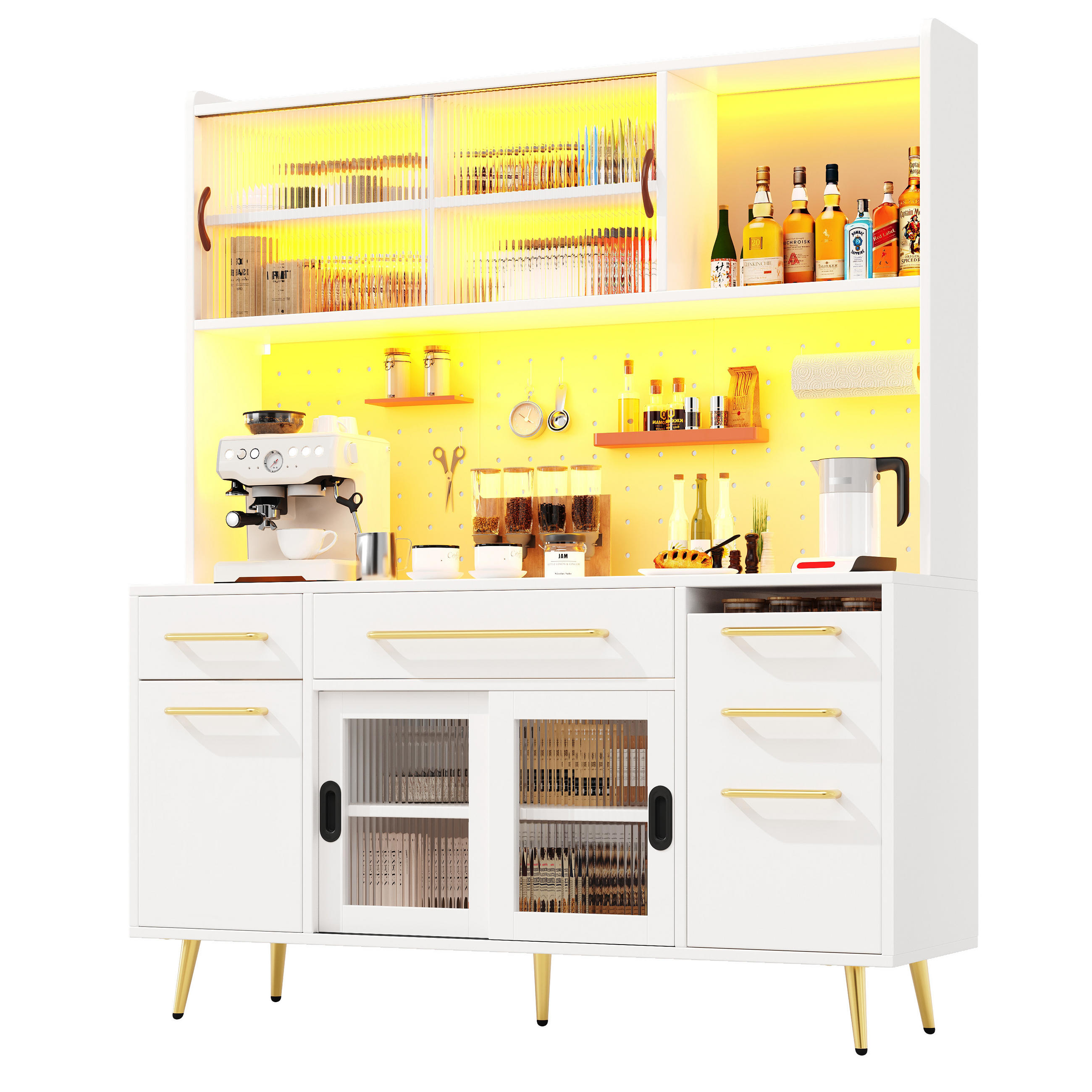 HIGHBOARD Weiß 145×39×171 cm mit LED-Beleuchtung, Glastür und Lochwand aus Holzwerkstoff und Glas - Weiß, Holzwerkstoff (145/171/39cm) - Luhomfu