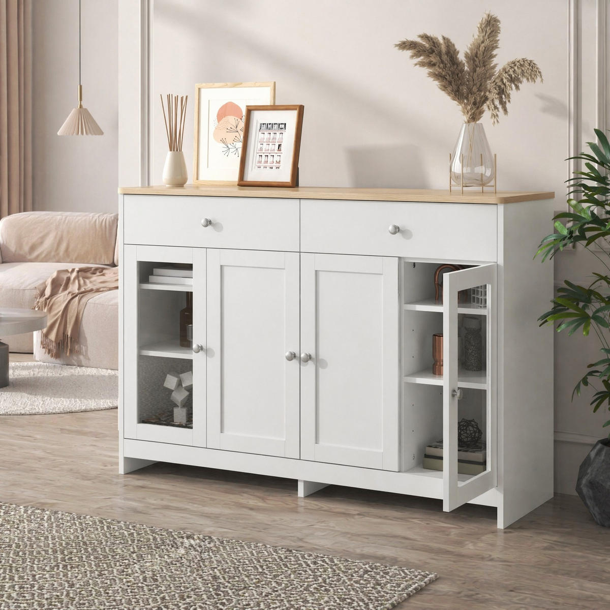 SIDEBOARD in Naturfarben und Weiß Kommode mit Glastüren für Wohnzimmer und Esszimmer, B120/T37/H80 cm - Weiß/Naturfarben, Glas/Holzwerkstoff (120/80/37cm) - STILVORA