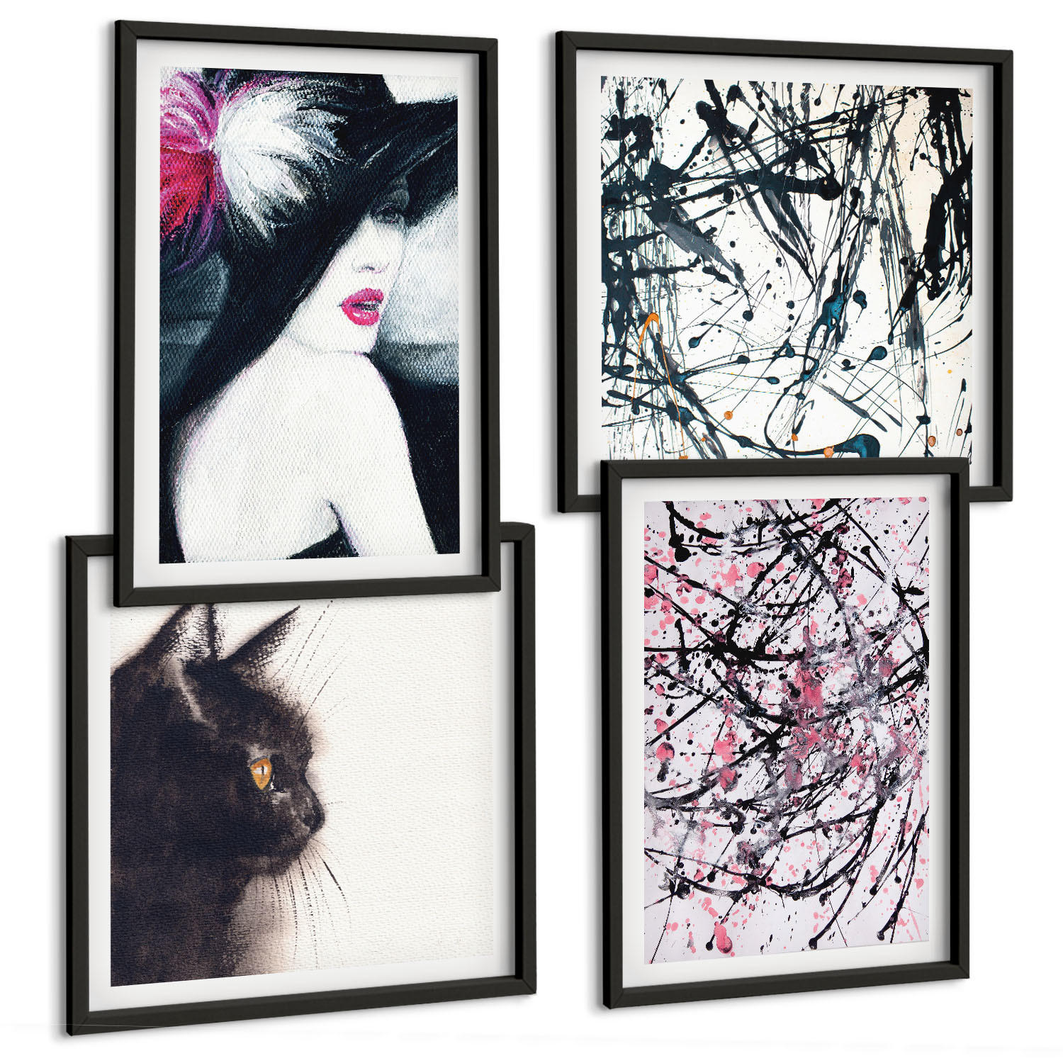 BILDER SET 4er Set - 50x50 cm & 40x60 cm Schwarzer Rahmen - Abstrakte Katzenmalereien - Schwarz, Kunststoff (50/50cm) - TULUP