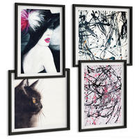 BILDER SET 4er Set - 50x50 cm & 40x60 cm Schwarzer Rahmen - Abstrakte Katzenmalereien - Schwarz, Kunststoff (50/50cm) - TULUP