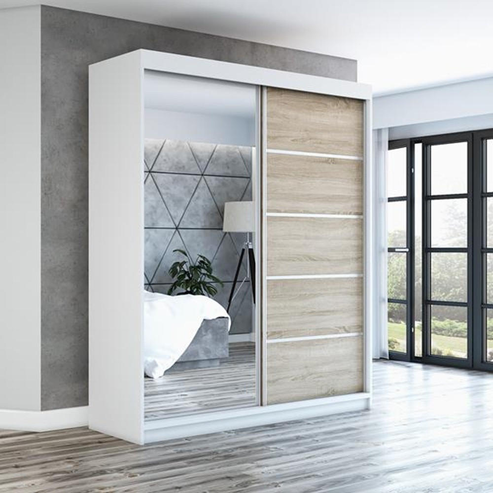 SCHWEBETÜRENSCHRANK 180 CM PIK Farbe: Weiß / sonoma - Weiß/Braun, Holzwerkstoff (180/215/59.5cm) - A&J MöbelLand