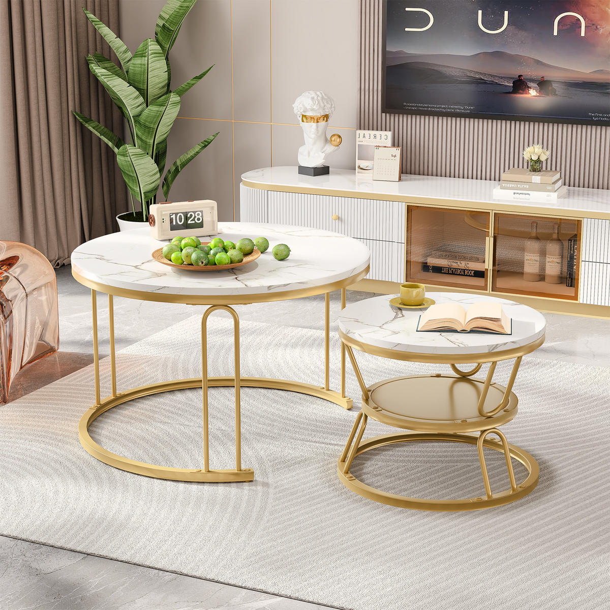 COUCHTISCH 2er Set rund schiebbar Marmoroptik Metall gold weiß - Weiß, Holz (45/70/44.2cm) - LEBENLANG