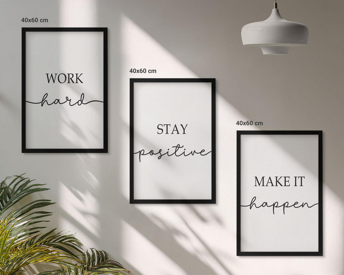 BILDER SET 3er Set - 40x60 cm Schwarzer Rahmen - Minimalistische Motivationsinschriften - Schwarz, Kunststoff (40/60cm) - TULUP