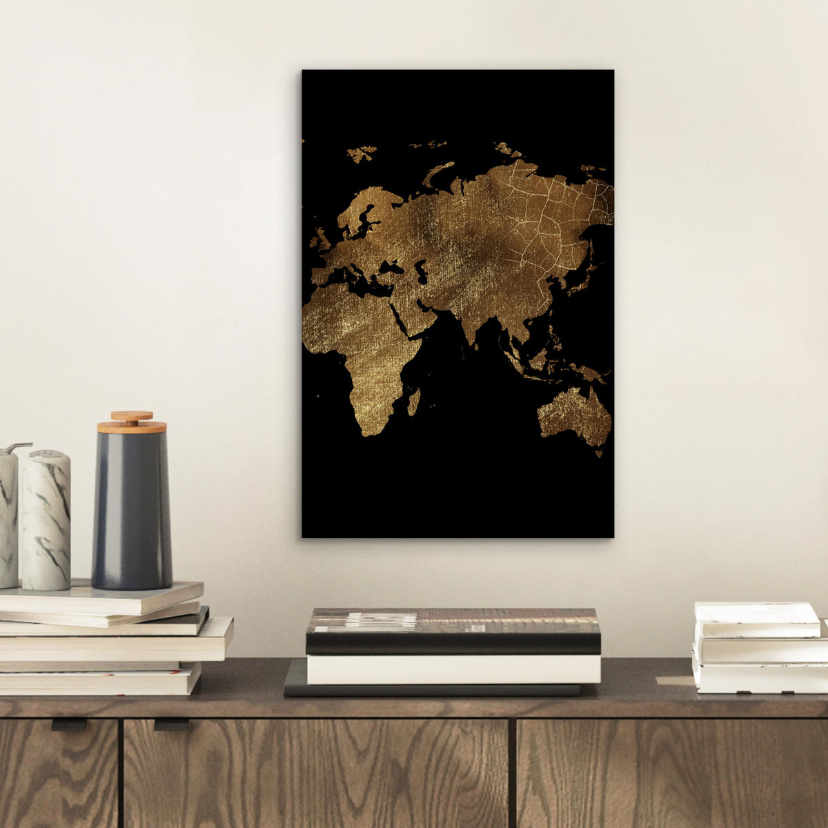 KOVOVÝ OBRAZ Mapa sveta - Zlato - Luxus - Zem - Čierna 20x30 cm - zlatá, kov (20/30cm) - MuchoWow