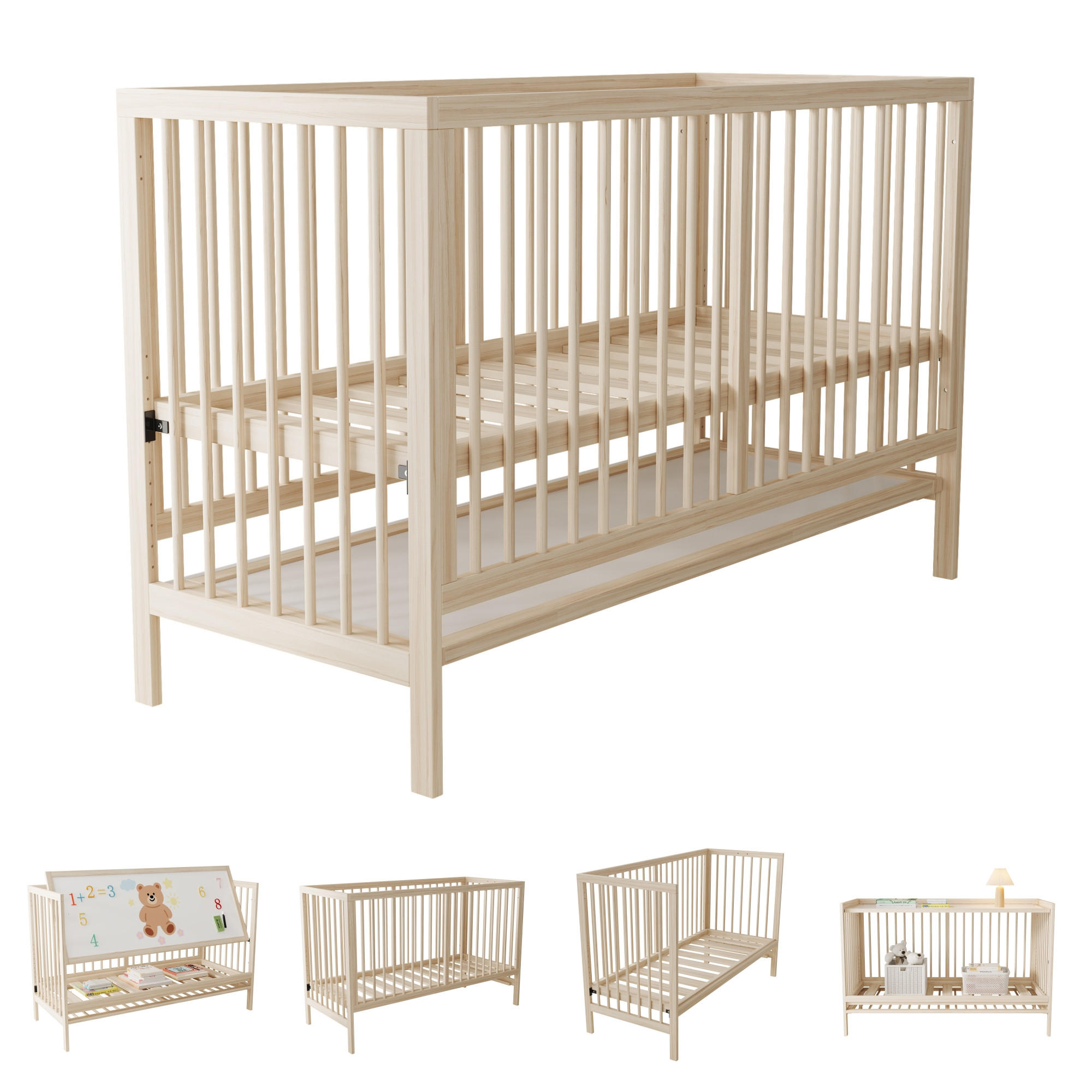 BABYBETT 140x60x90cm Natur Fichte Höhenverstellbar umwandelbar - Naturfarben, Holz - FLIEKS