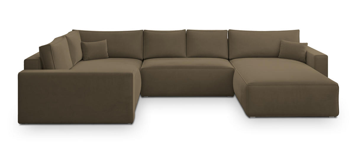 WOHNLANDSCHAFT VELAMI L-S Beige Velours-Stoff mit Schlaffunktion - Beige, Holz (365/83/194cm) - MASSENO