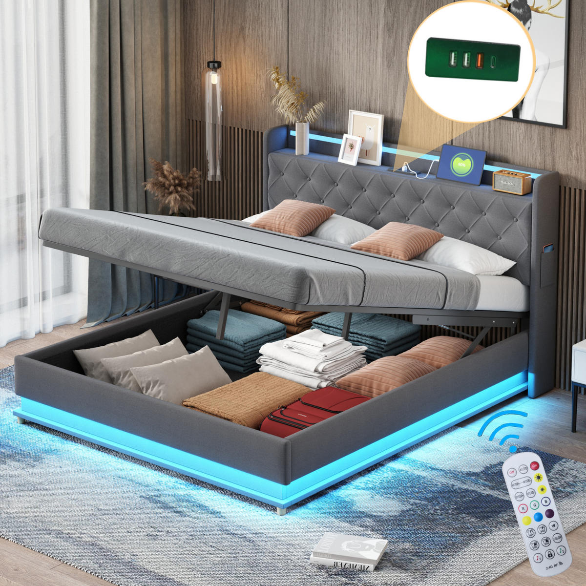 POLSTERBETT 160/200 cm in Grau Leinen mit Bettkasten, LED und USB - Grau, Holzwerkstoff/Textil (160/200cm) - WISHDOR