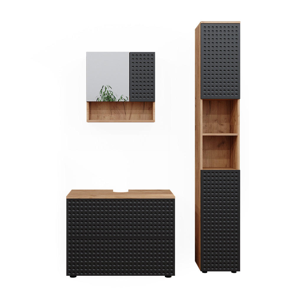 BADMÖBEL-SET Irma Anthrazit gepunktet 3 Teile - Hellbraun/Dunkelgrau, Holzwerkstoff (80/58.6/41cm) - Vicco