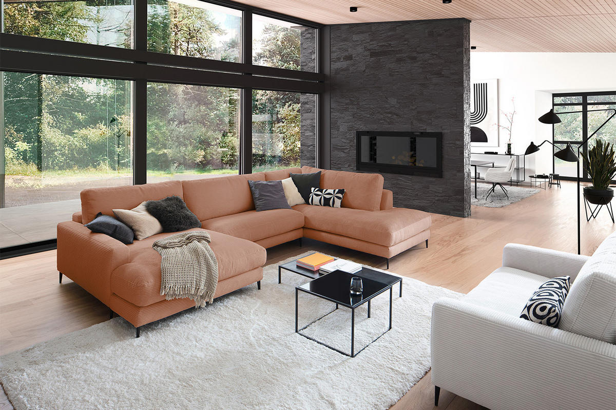 WOHNLANDSCHAFT CARA Braun Cord - Dunkelbraun/Schwarz, Textil (341/84/223cm) - KAWOLA