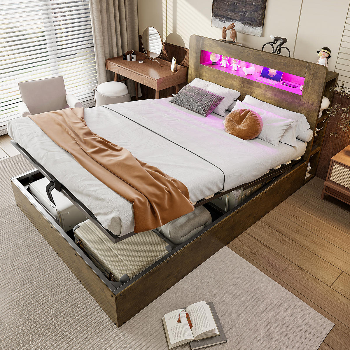 BETT 140/200 cm in Vintage-Holz mit Stauraum, LED und Steckdosen - Nussbaumfarben, Holz/Holzwerkstoff (140/200cm) - WISHDOR