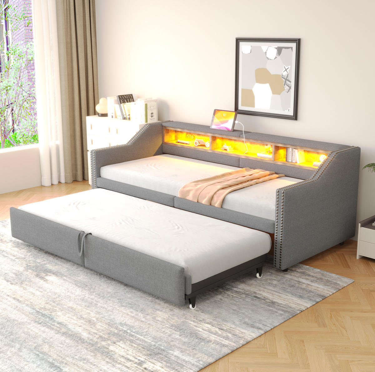 POLSTERBETT 90/180 x 200 cm Hellgrau mit LED-Beleuchtung und USB-Anschlüssen - Hellgrau, Textil (90/200cm) - Flora Grace