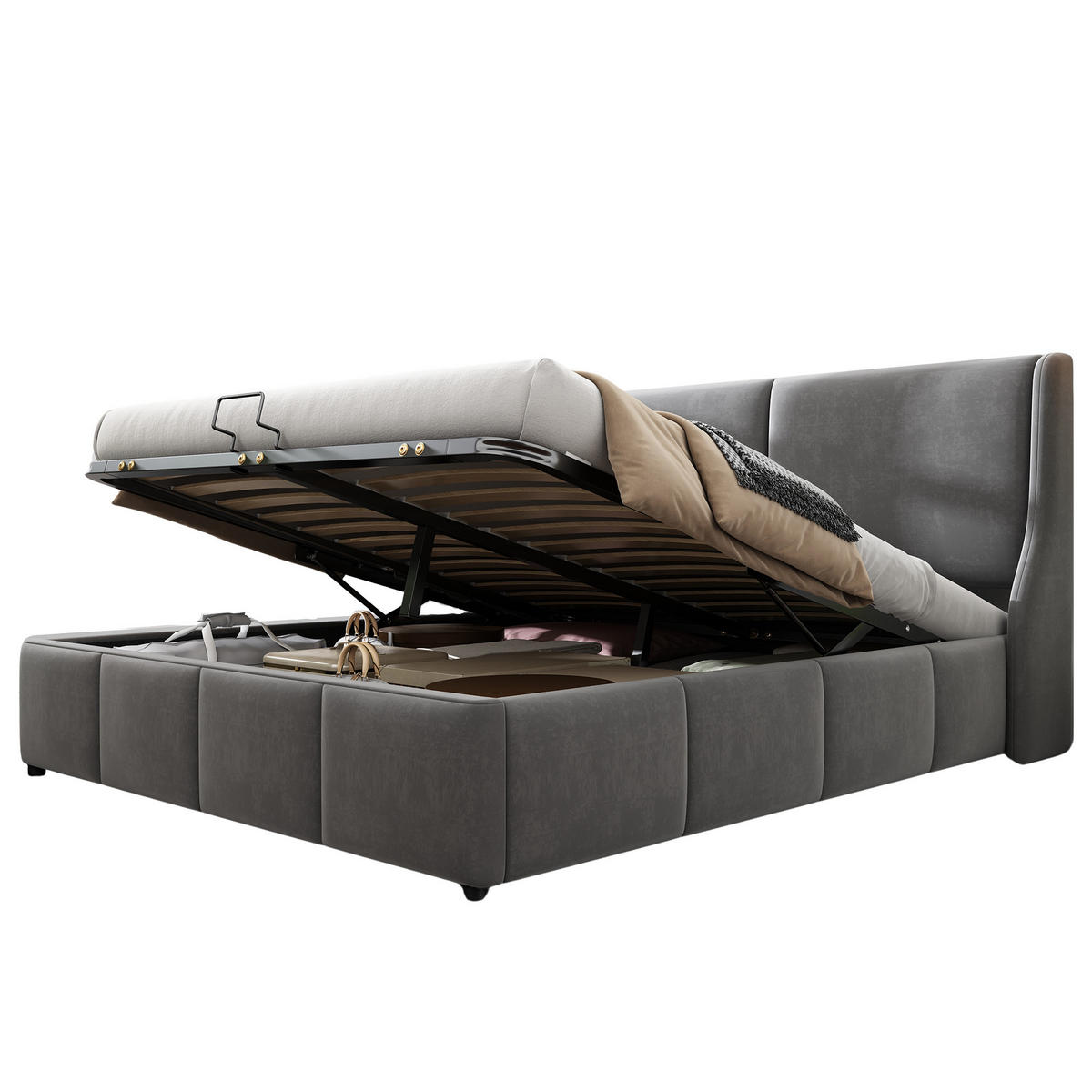 POLSTERBETT 180/200 cm Grau mit Stauraum und Lattenrost aus Samt - Grau, Textil (180/200cm) - OKWISH