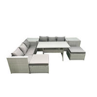 GARTENMÖBEL SET mit Esstisch,2 Großer Hockern,2 Beistelltischen Polyrattan Hellgrau 8-Sitzer - Hellgrau/Grau, Glas/Kunststoff - Fimous