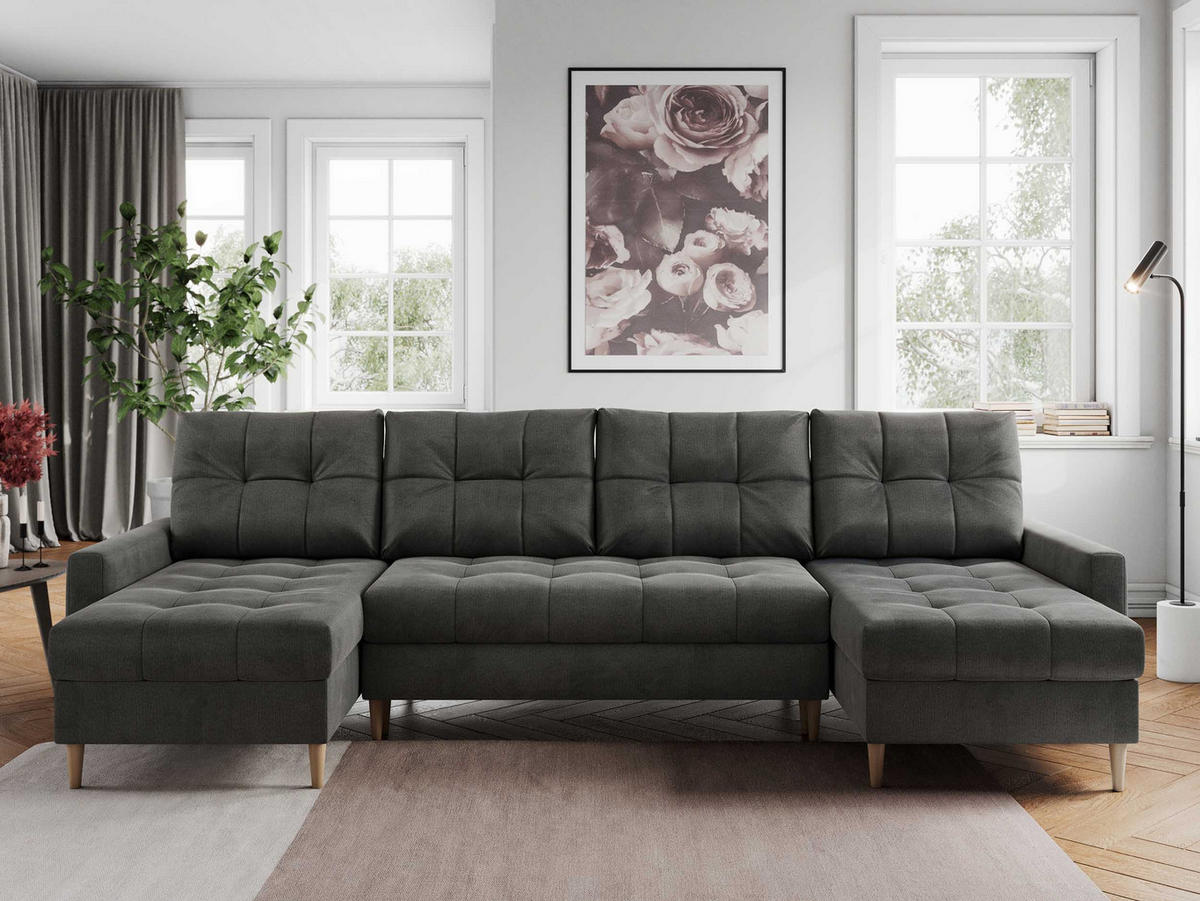 WOHNLANDSCHAFT Colin U Velvet Dunkelgrau - Dunkelgrau/Braun, Holz/Textil (290/75/140cm) - MKS