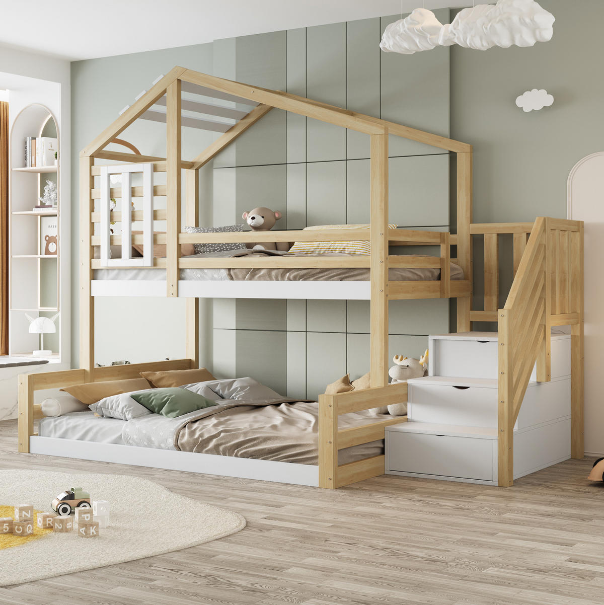 POSCHODOVÁ posteľ 90/200 a 140/200 cm prírodná z borovicového dreva a MDF s úložnými schodmi a oknom - prírodná farba, drevo (90/200cm) - OKWISH