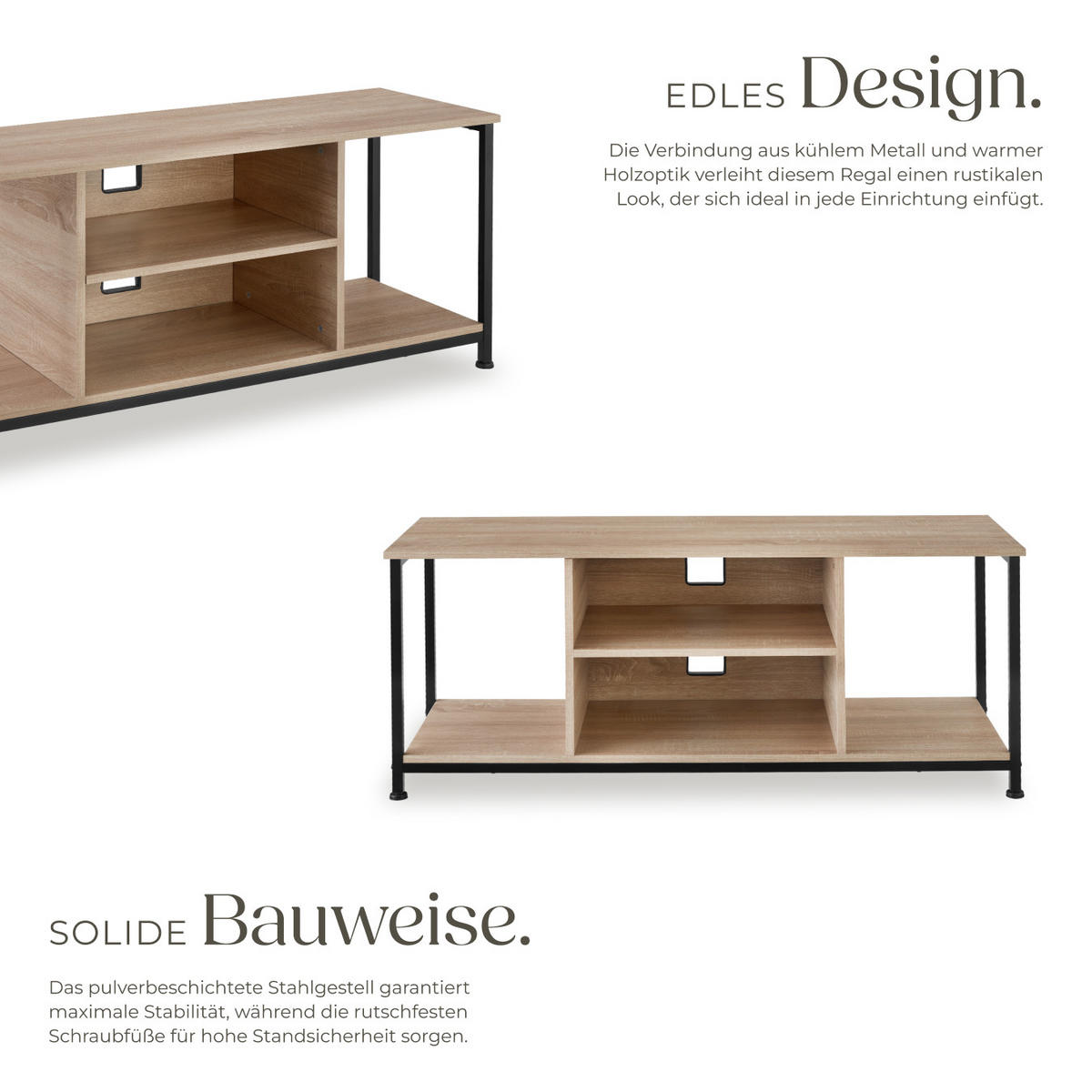 TV-REGAL Denver,120 x 40 x 50,5 cm,Industrial Holz hell, Eiche Sonoma - Naturfarben, Holzwerkstoff (40/50.5/120cm) - tectake