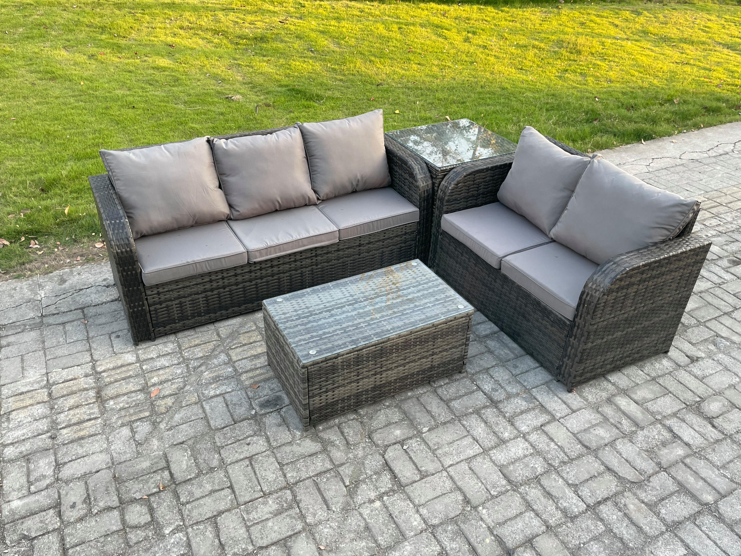 GARTENMÖBELSET mit Couchtisch Polyrattan 5-Sitzer - Dunkelgrau/Grau, Glas/Kunststoff - Fimous