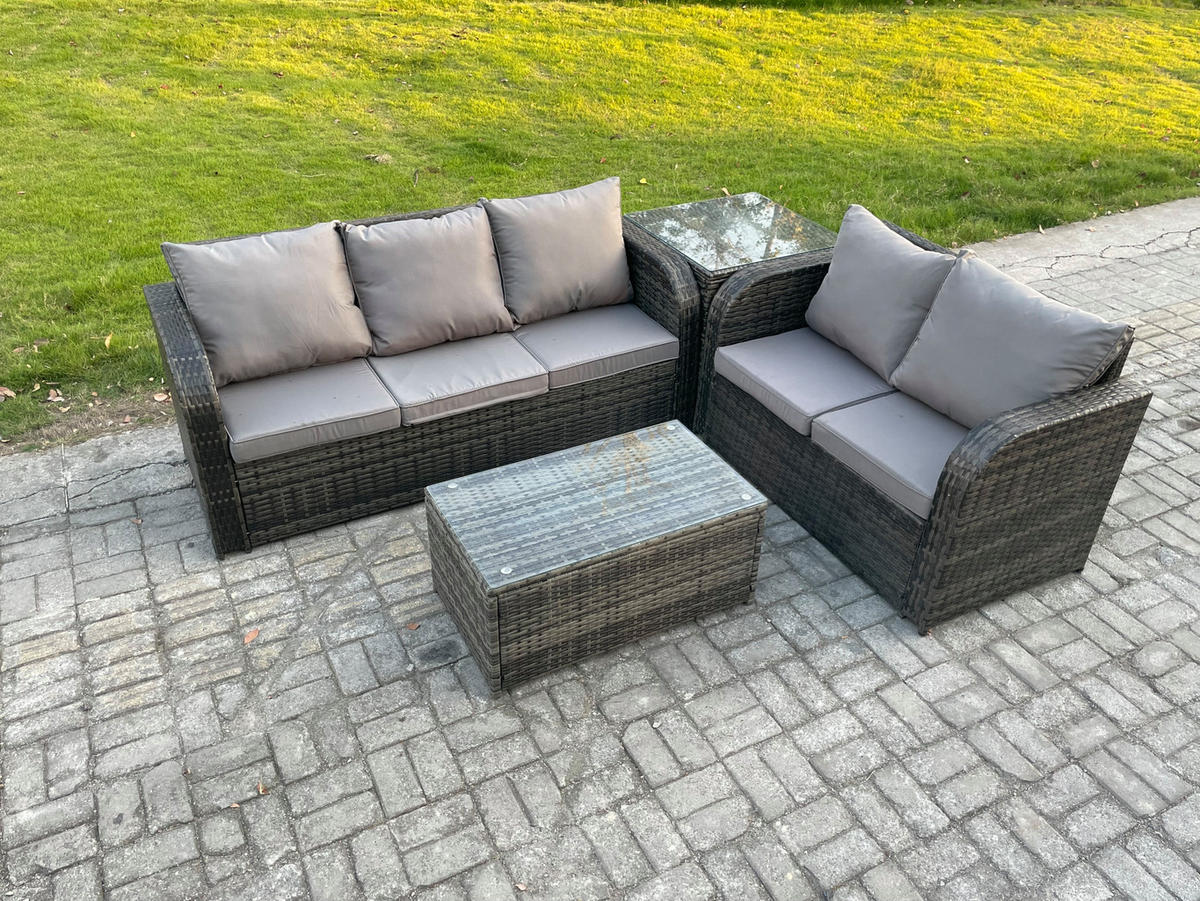 GARTENMÖBELSET mit Couchtisch Polyrattan 5-Sitzer - Dunkelgrau/Grau, Glas/Kunststoff - Fimous