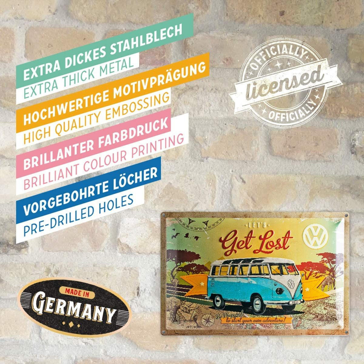 BLECHSCHILD 40/60 cm Volkswagen VW Bulli Get Lost - Multicolor, Metall (60/40/1cm) - Nostalgic-Art