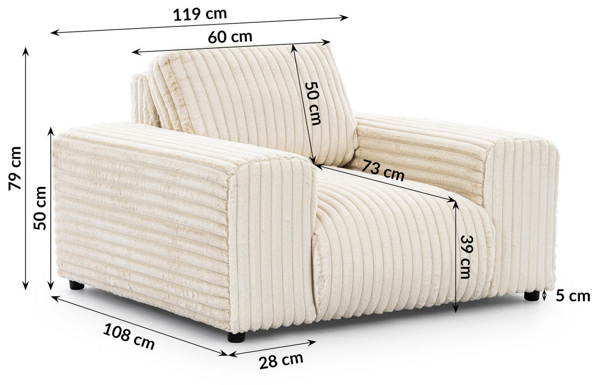 SITZGARNITUR 3+1 Mollis Hellbeige Plüschcord - Beige/Schwarz, Holz/Kunststoff (213/79/108cm) - S-Style Möbel
