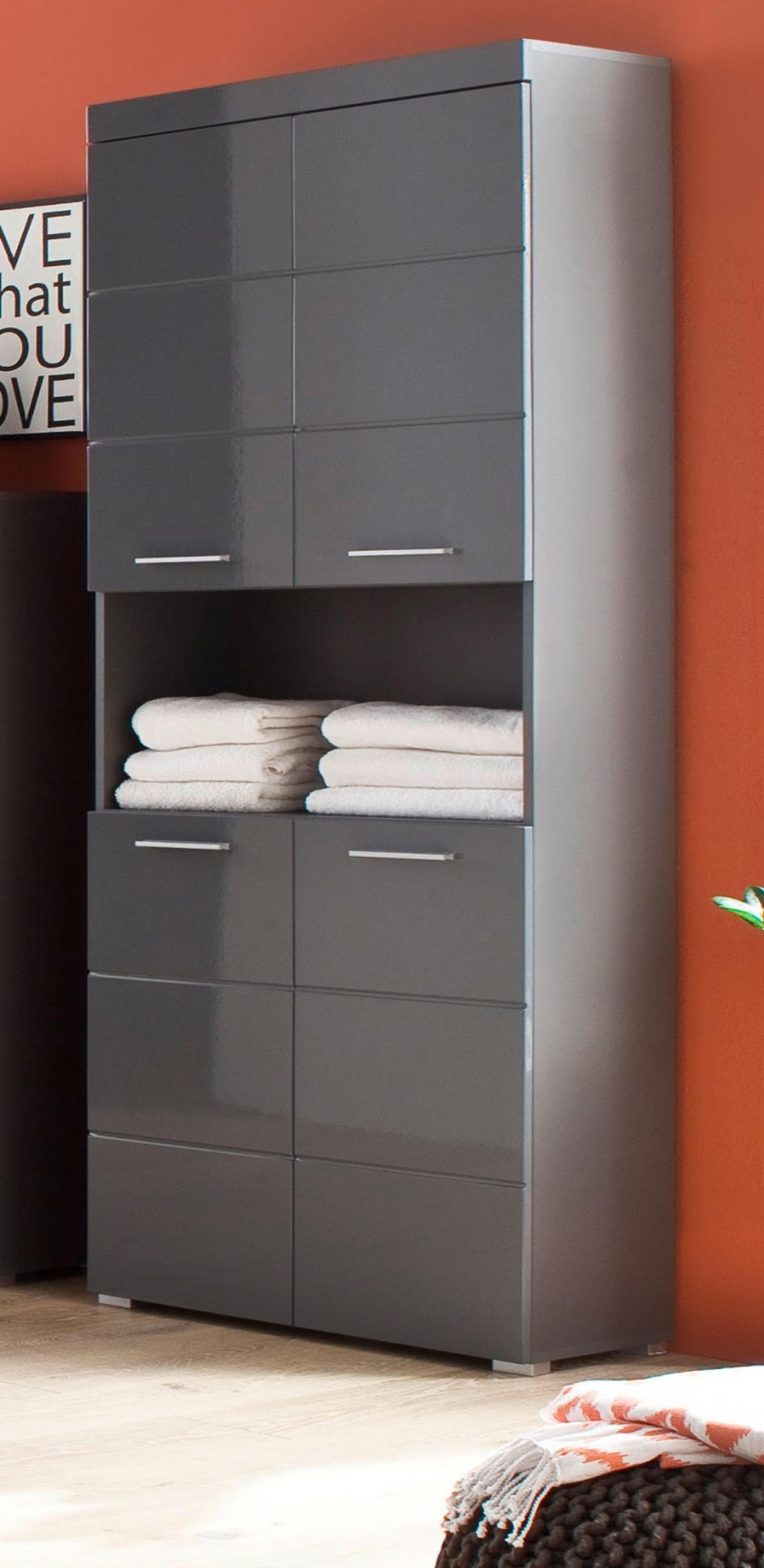 HOCHSCHRANK grau Hochglanz 73 x 190 cm, Badschrank 4-türig - Grau, Holzwerkstoff/Kunststoff (73/190/31cm) - Top.Furn