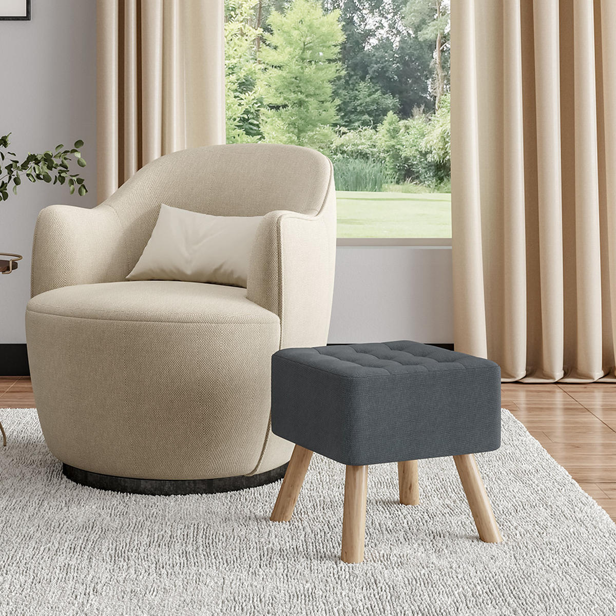 POLSTERHOCKER Eichenholzbeine Leinen in Dunkelgrau Quadratisch Leicht & mobil Atmungsaktiver Bezug 39,5 x 39,5 x 40 cm - Dunkelgrau/Naturfarben, Eichenholz/Holz (39.5/40/39.5cm) - Livingandhome