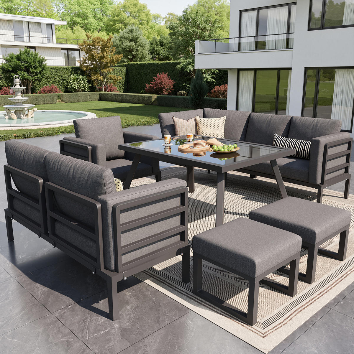 GARTENLOUNGE 114/67/77 cm grau aus Eisen mit Glastisch und 8 cm Polstern - Grau, Metall - OKWISH