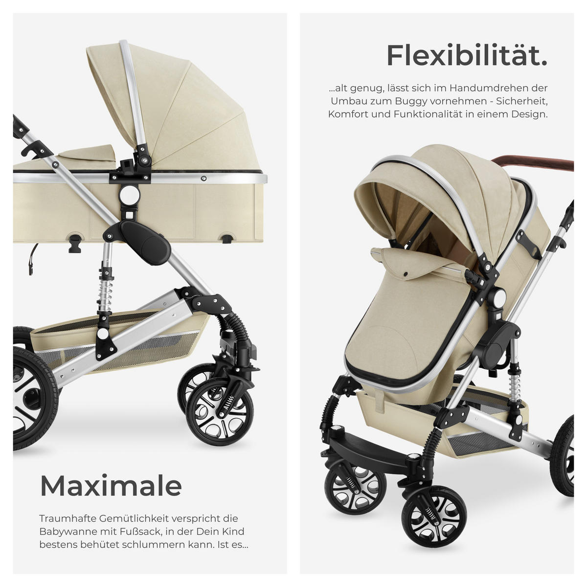 KOMBI-KINDERWAGEN Mats,für 0 bis 36 Monate geeignet, Belastbarkeit 15 kg,grau/beige - Beige/Grau, Kunststoff (100/63/120cm) - tectake