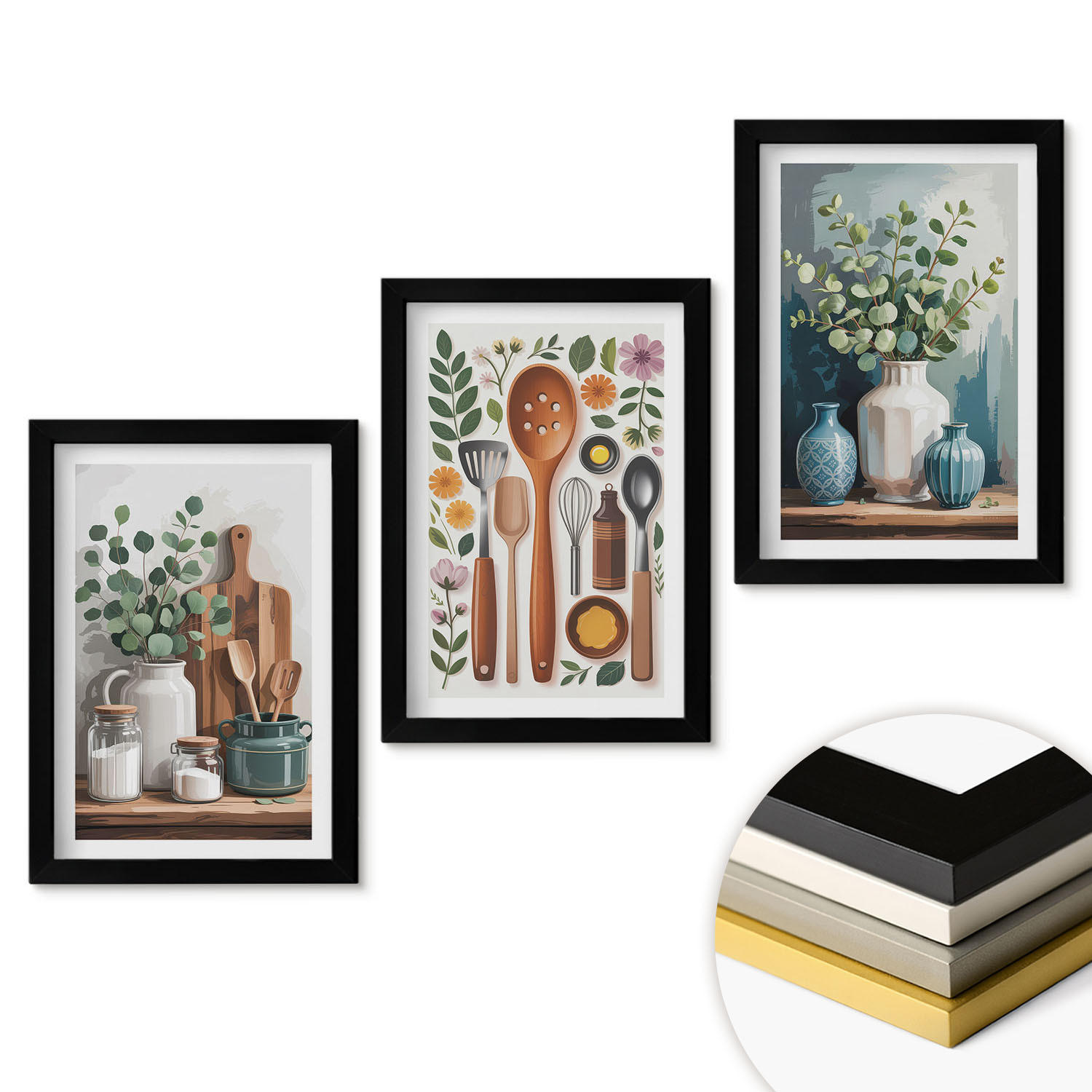WANDBILDER 3er-Set - 20x30 cm Schwarzer Rahmen - Küchenaccessoires auf pflanzlicher Basis - Schwarz, Kunststoff (20/30cm) - ArtPrintCave