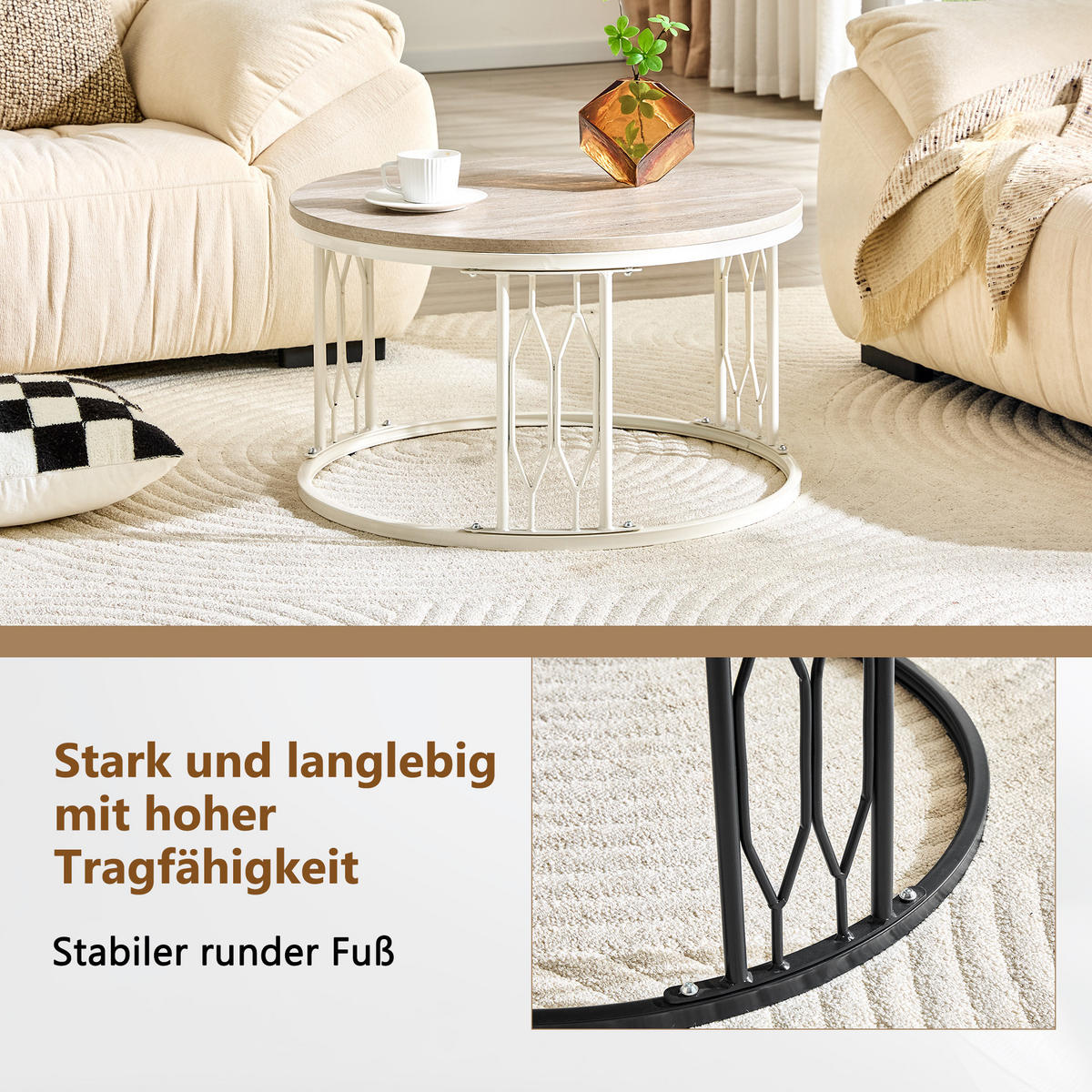 COUCHTISCH DE-37365 rund mit Holzoptik Weiß - Weiß, Metall (70/70/40.5cm) - ComfortXL