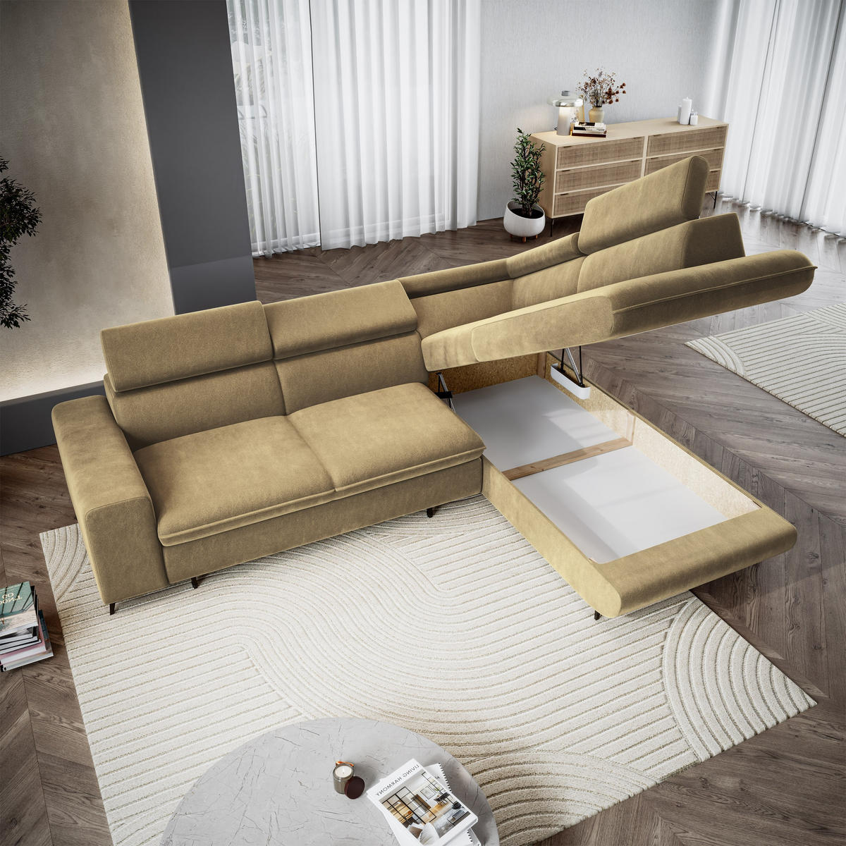 ECKSOFA VELISS Currygelb Veloursstoff mit Schlaffunktion - Currygelb, Holz (255/193cm) - MASSENO