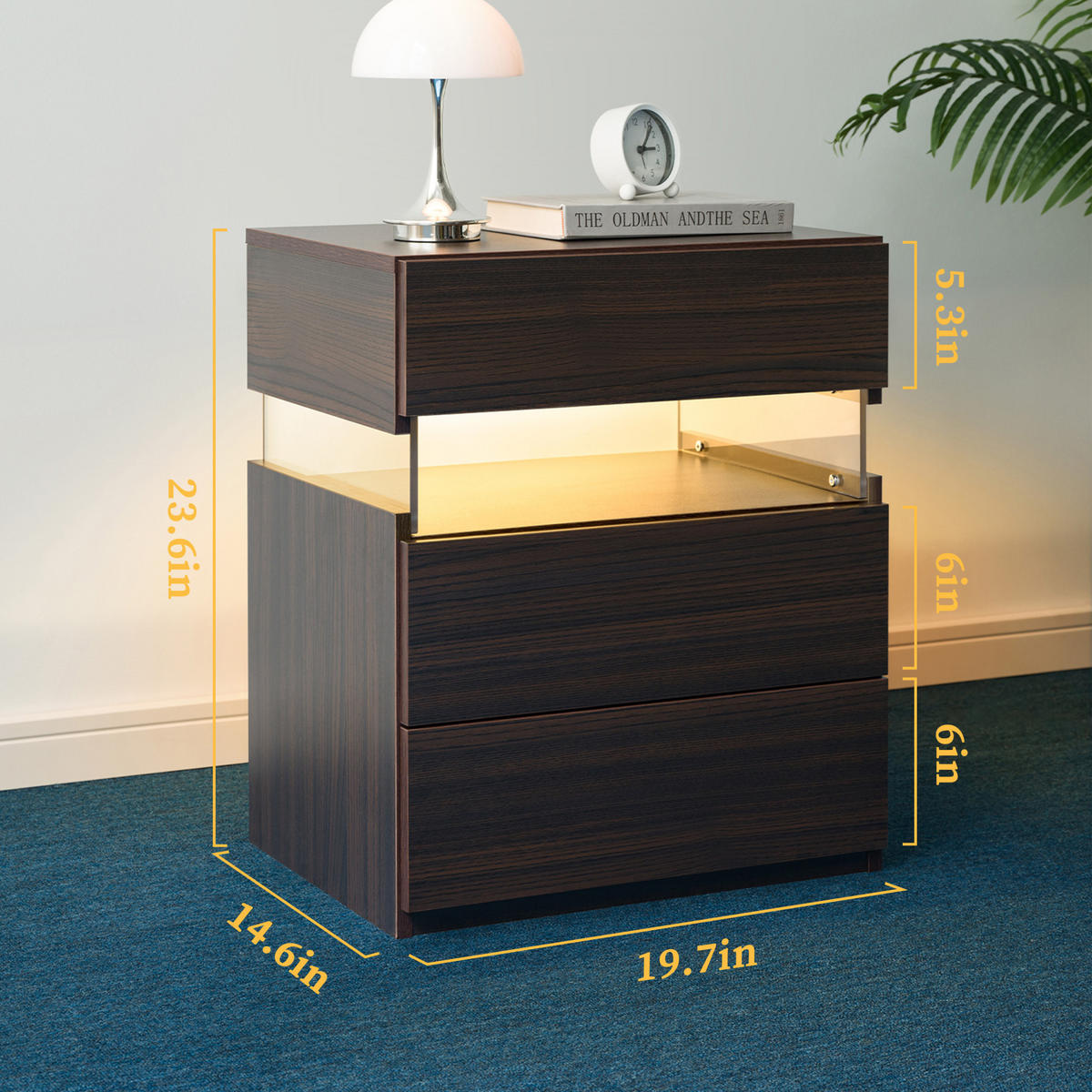 NACHTTISCH 48/38/61 cm Walnuss aus Holzwerkstoff mit LED-Beleuchtung - Walnussfarben, Holzwerkstoff (48/61/38cm) - OKMYHOME