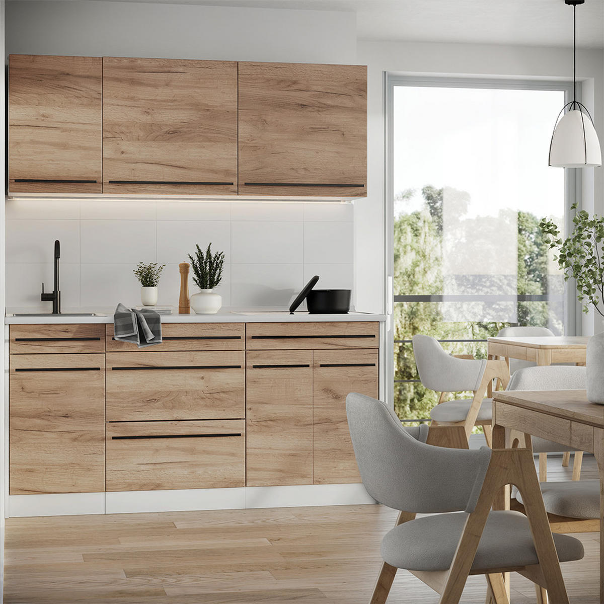 SINGLEKÜCHE R-Line, Goldkraft Eiche/Weiß, 160 cm Arbeitsplatte Marmor - Honigeiche/Weiß, Holzwerkstoff (160/81.6/60cm) - Vicco