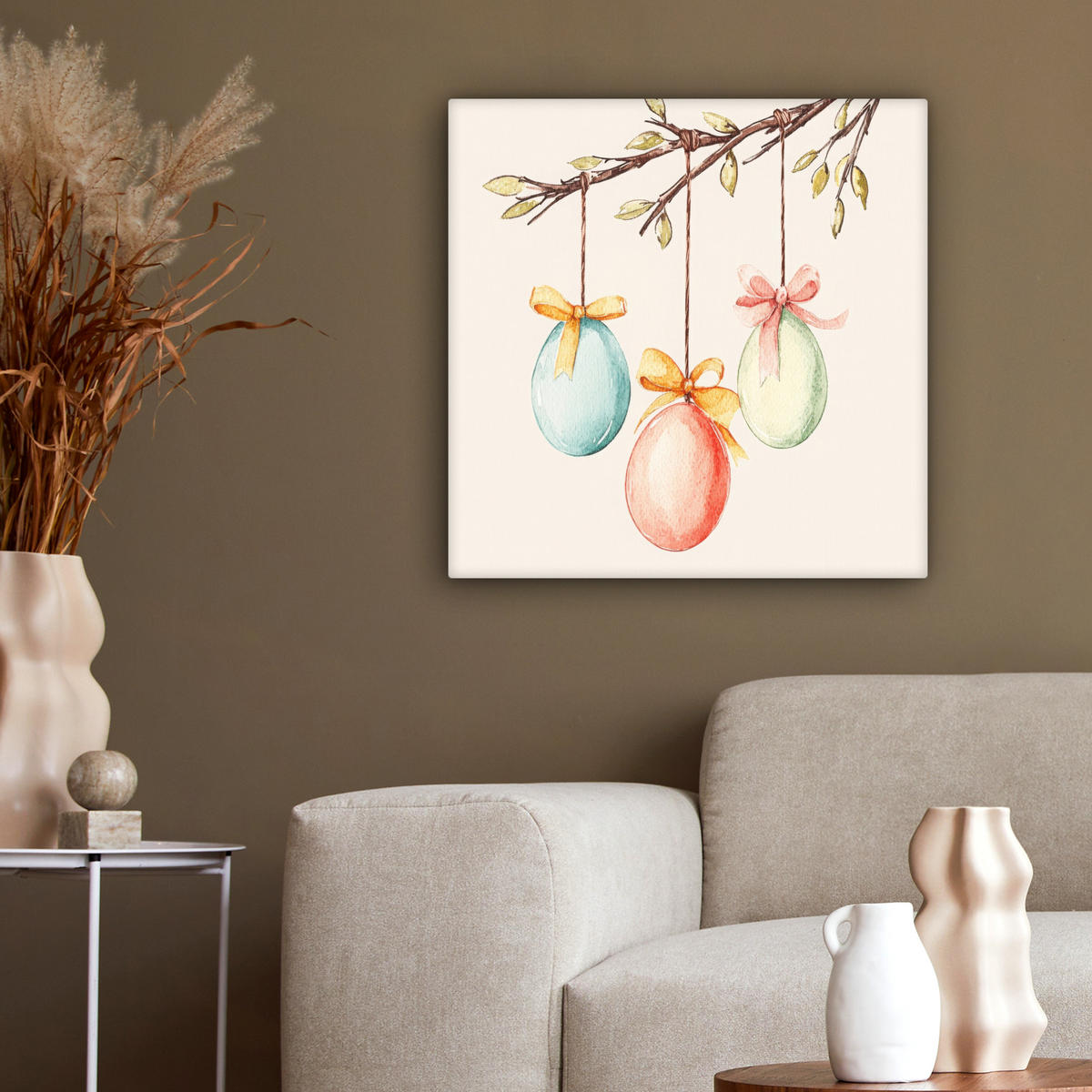 LEINWANDBILD Osterkuchen - Schleife - Eier Wandbild Wohnzimmer 50x50 cm - Creme, Textil (50/50cm) - MuchoWow