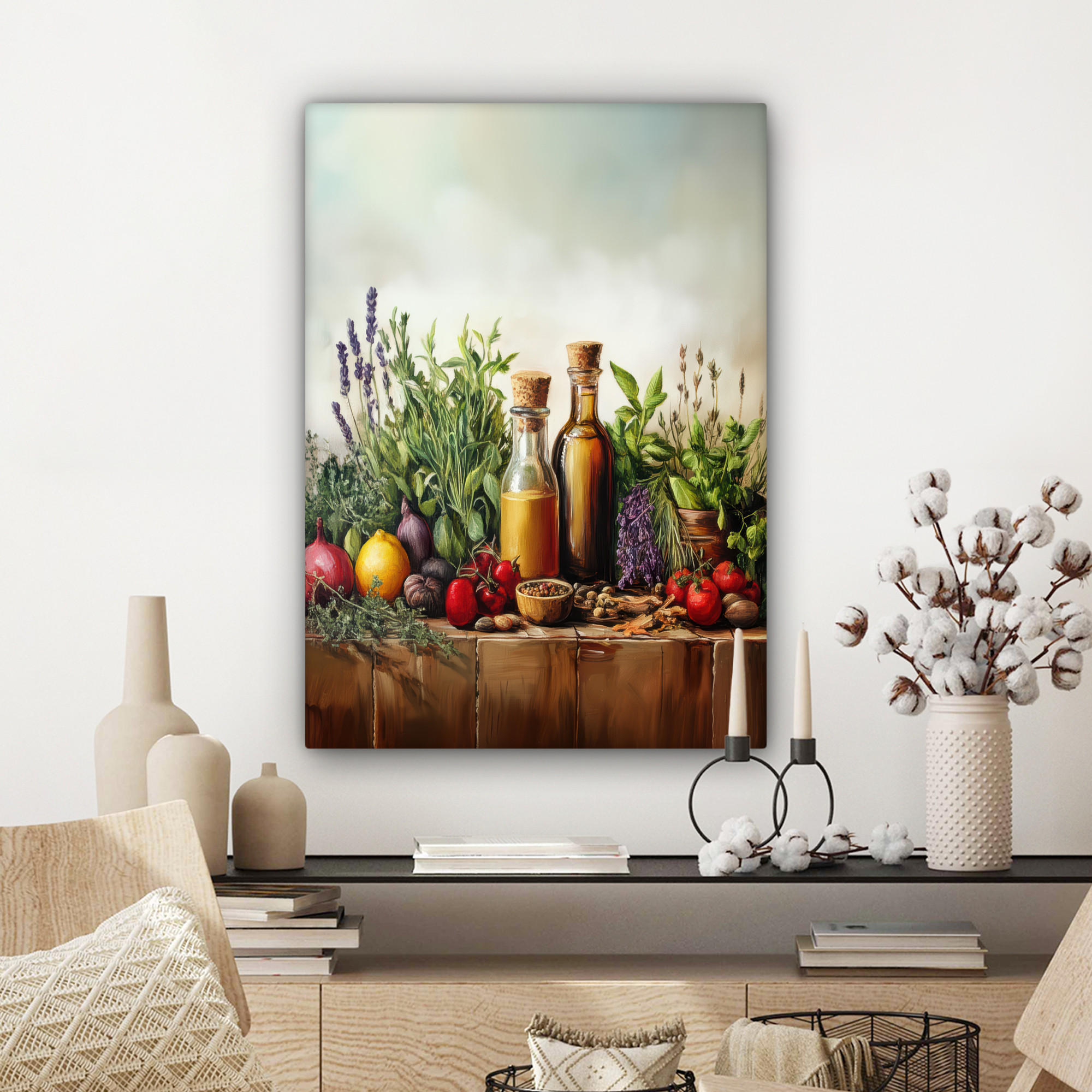 LEINWANDBILD Stilleben - Kräuter - Gewürze - Früchte - Farbenfroh 60x80 cm - Grün, Textil (60/80cm) - MuchoWow