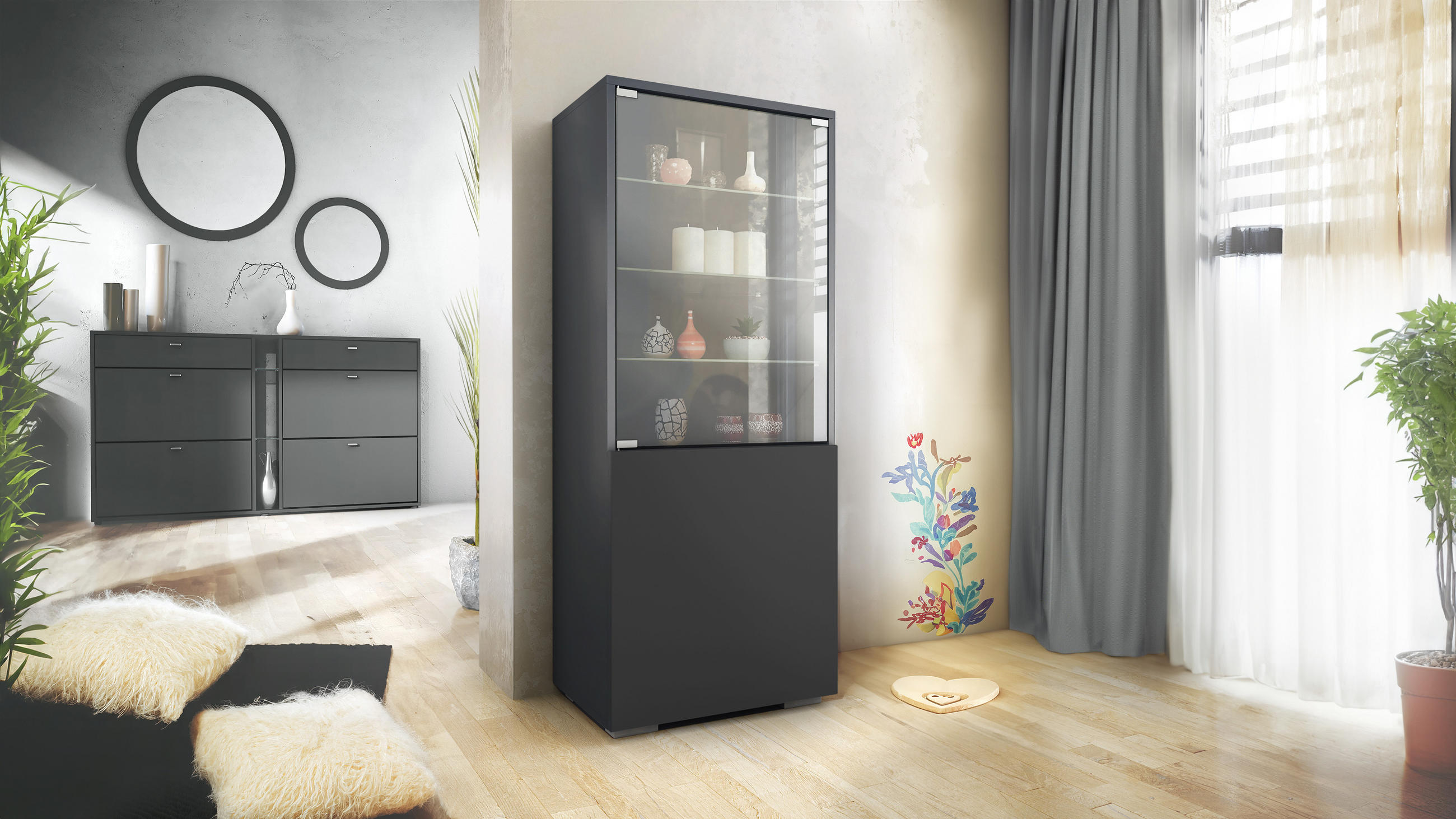 VITRINE Granada Schwarz matt - Schwarz, Holzwerkstoff (50/122.5/34.5cm) - Vladon
