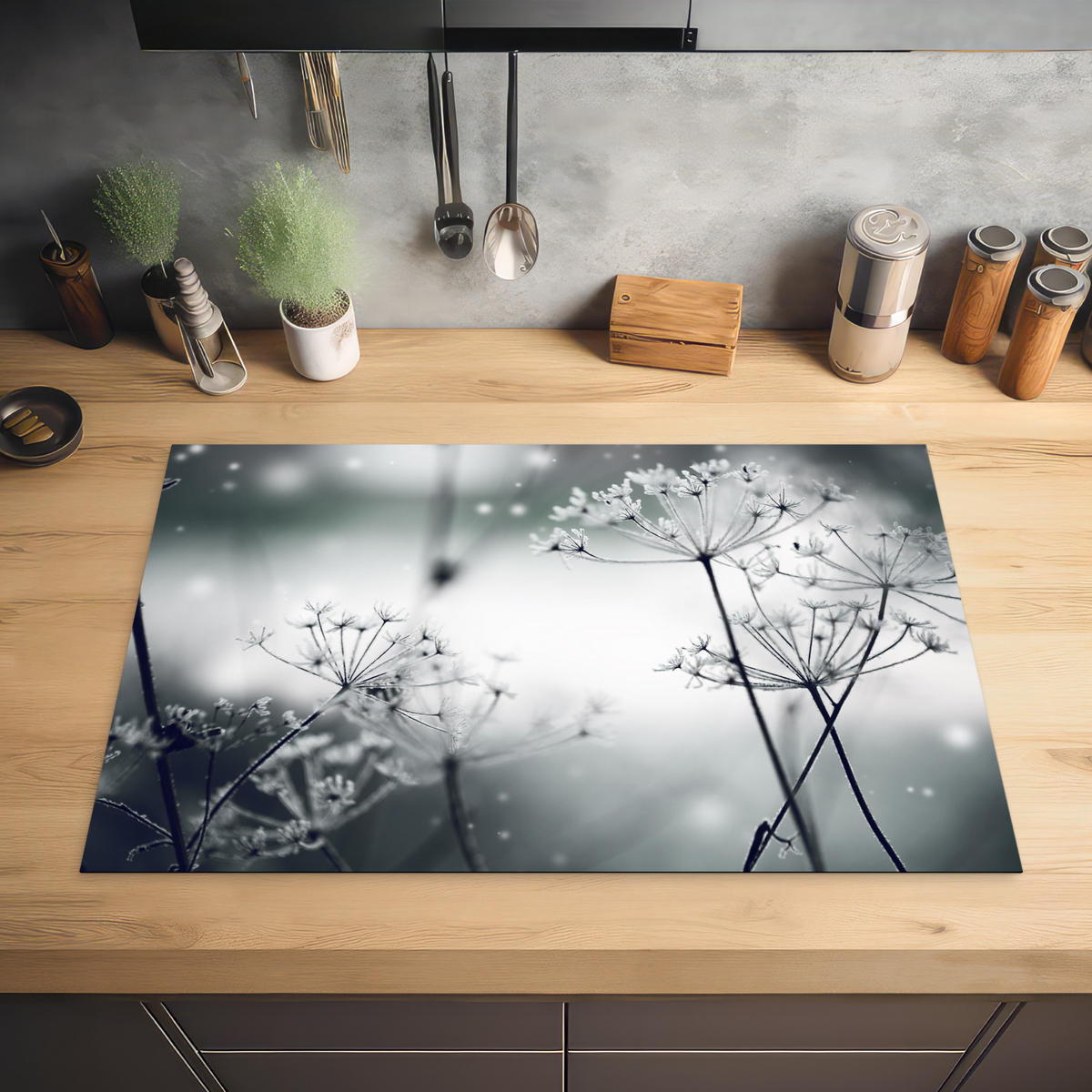 HERDABDECKPLATTE Blumen - Winter - Schnee - Natur Induktionsmatte 81x52 cm - Grau, Kunststoff (81/52/0.2cm) - MuchoWow