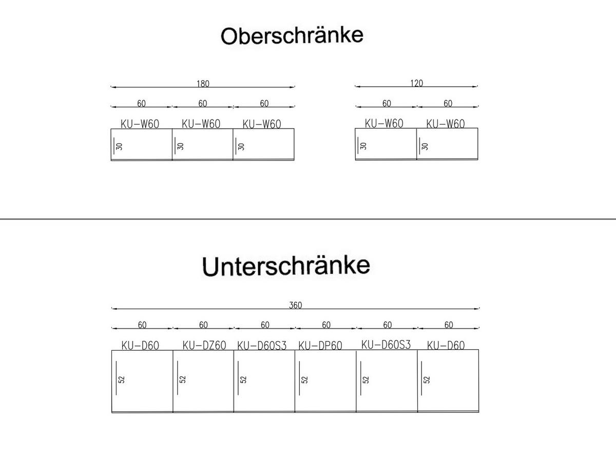 KÜCHENZEILE – 360 cm – KU-SA03 – Lunara – Grau Hochglanz – ohne E-Geräte - Grau, Holzwerkstoff (360/204/52cm) - hi-markt
