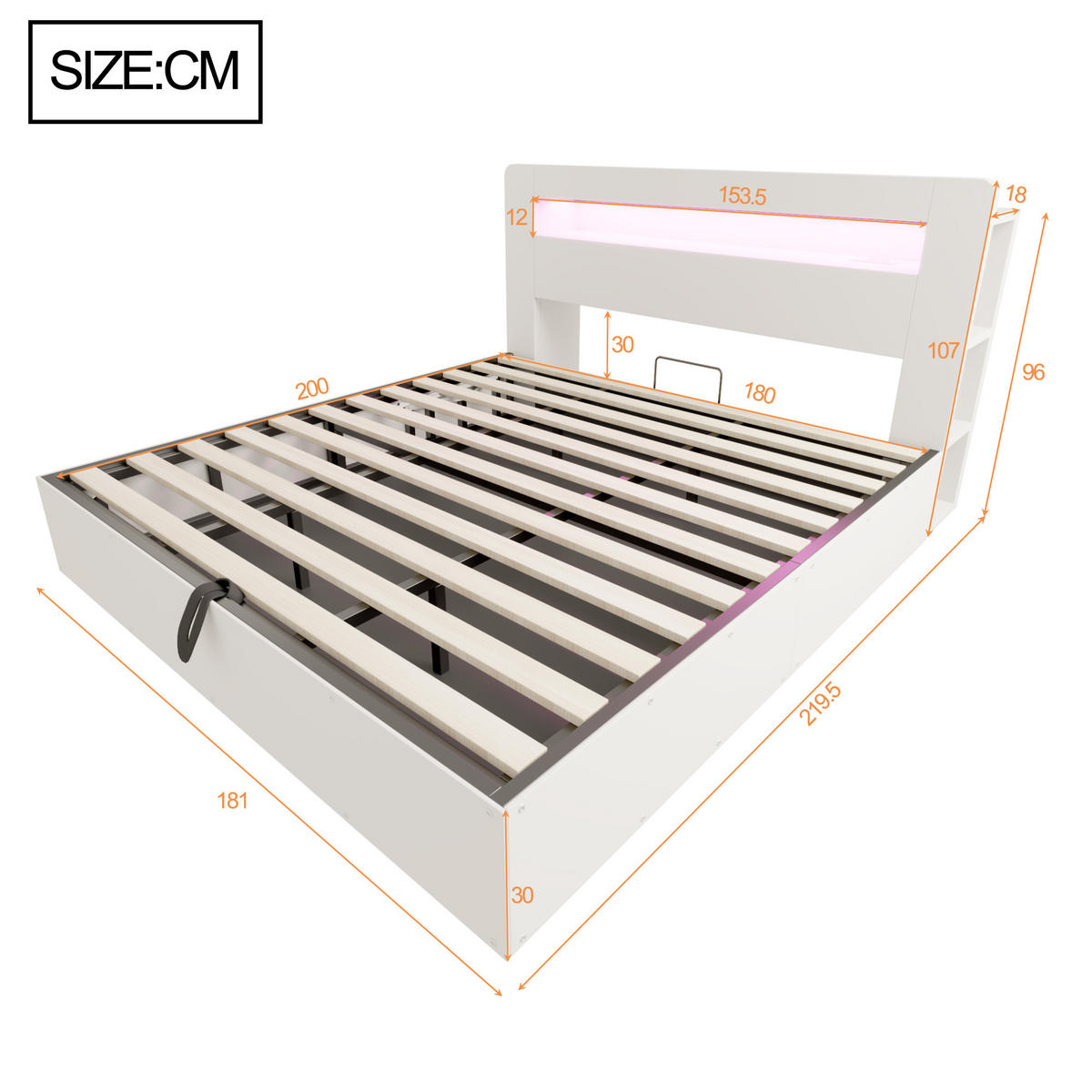 BETT 180/200 cm in Weiß aus Holz mit Bettkasten, LED und Steckdosen - Weiß, Holz/Holzwerkstoff (180/200cm) - WISHDOR