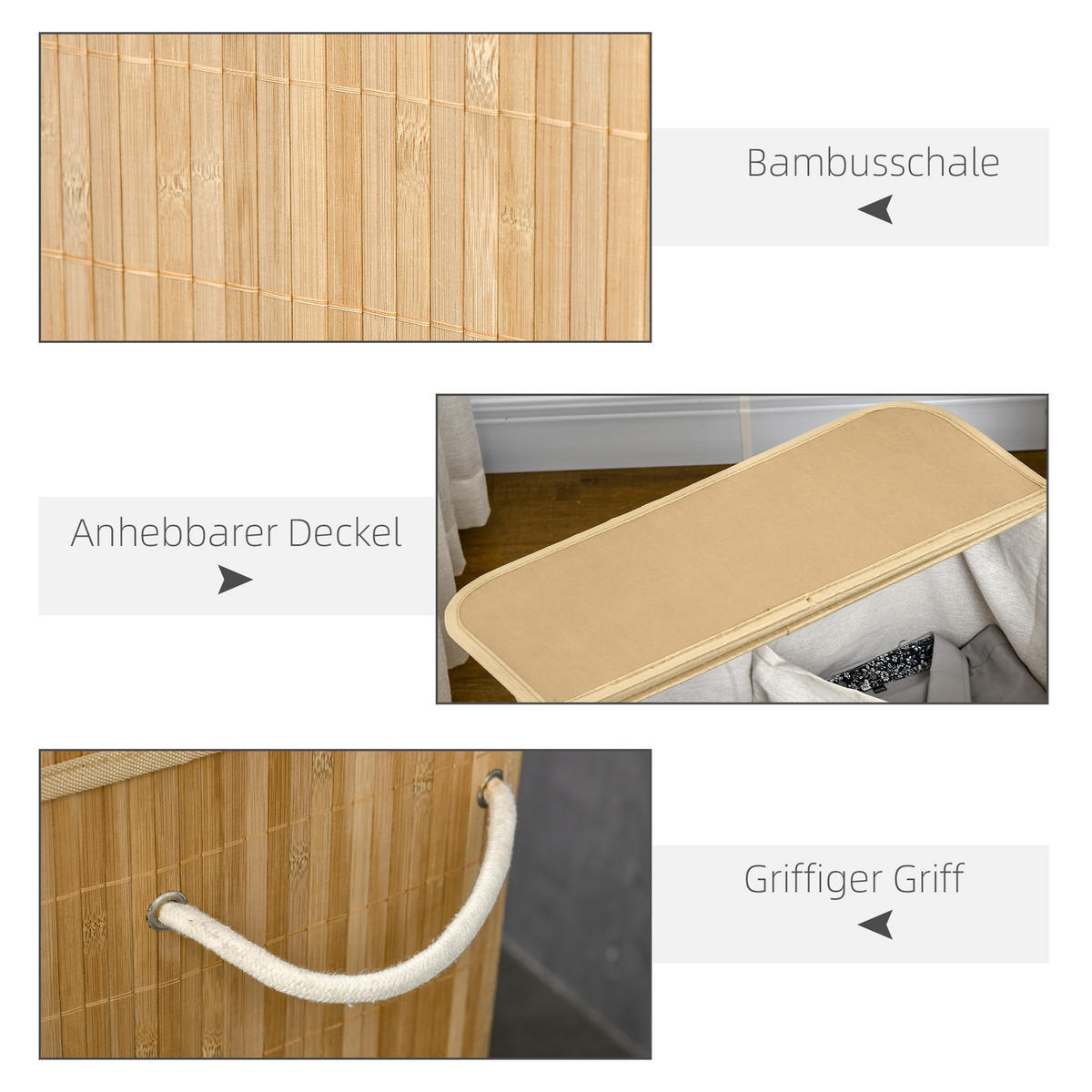 WÄSCHEKORB mit Deckel 90 L, Natur - Naturfarben, Naturmaterialien (54.2/59.5/35.2cm) - HOMCOM