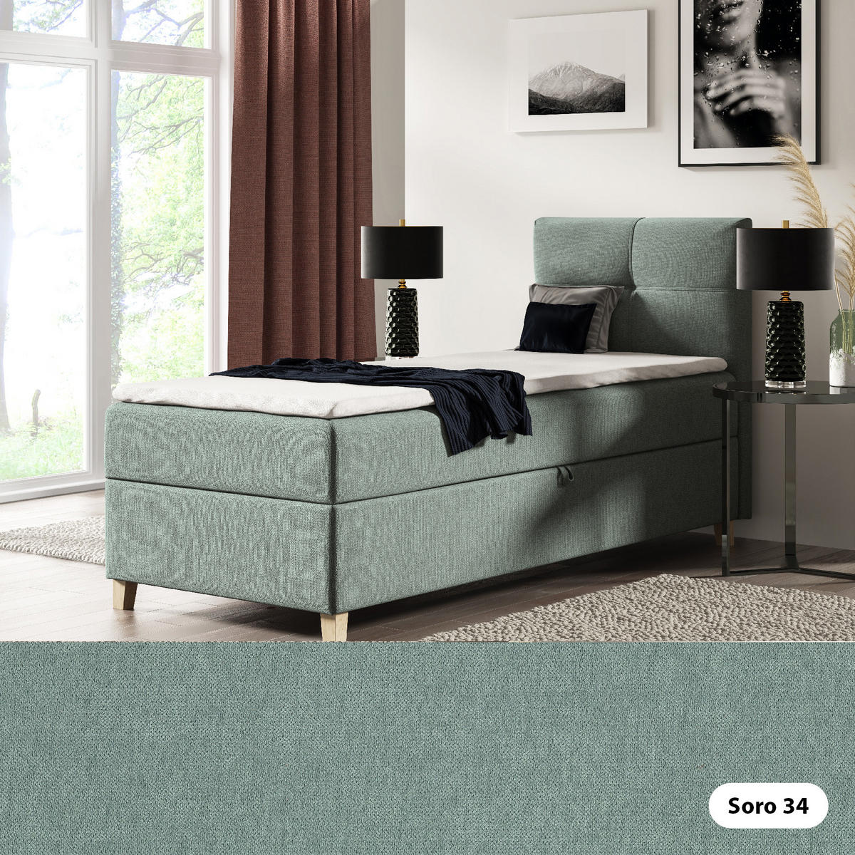 BOXBETT Einzelbett Anter Mini 70x200 cm, Grün - Grün, Textil (70/200cm) - Meblito