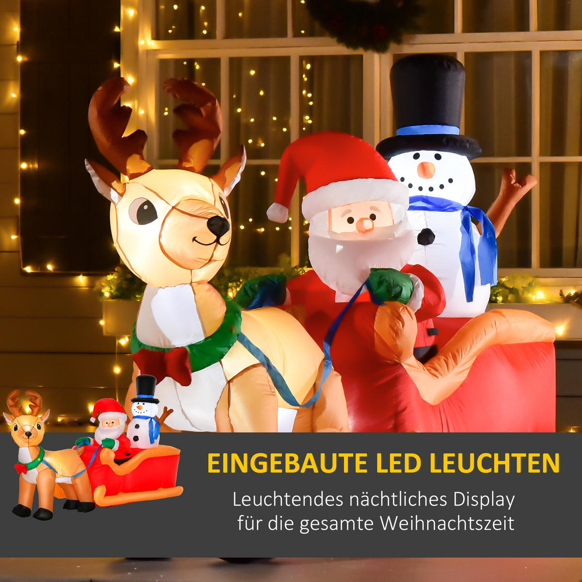 AUFBLASBARER Weihnachtsmann auf Schlitten, Polyester, Rot+Gelb - Multicolor, Kunststoff (80/128/200cm) - HOMCOM