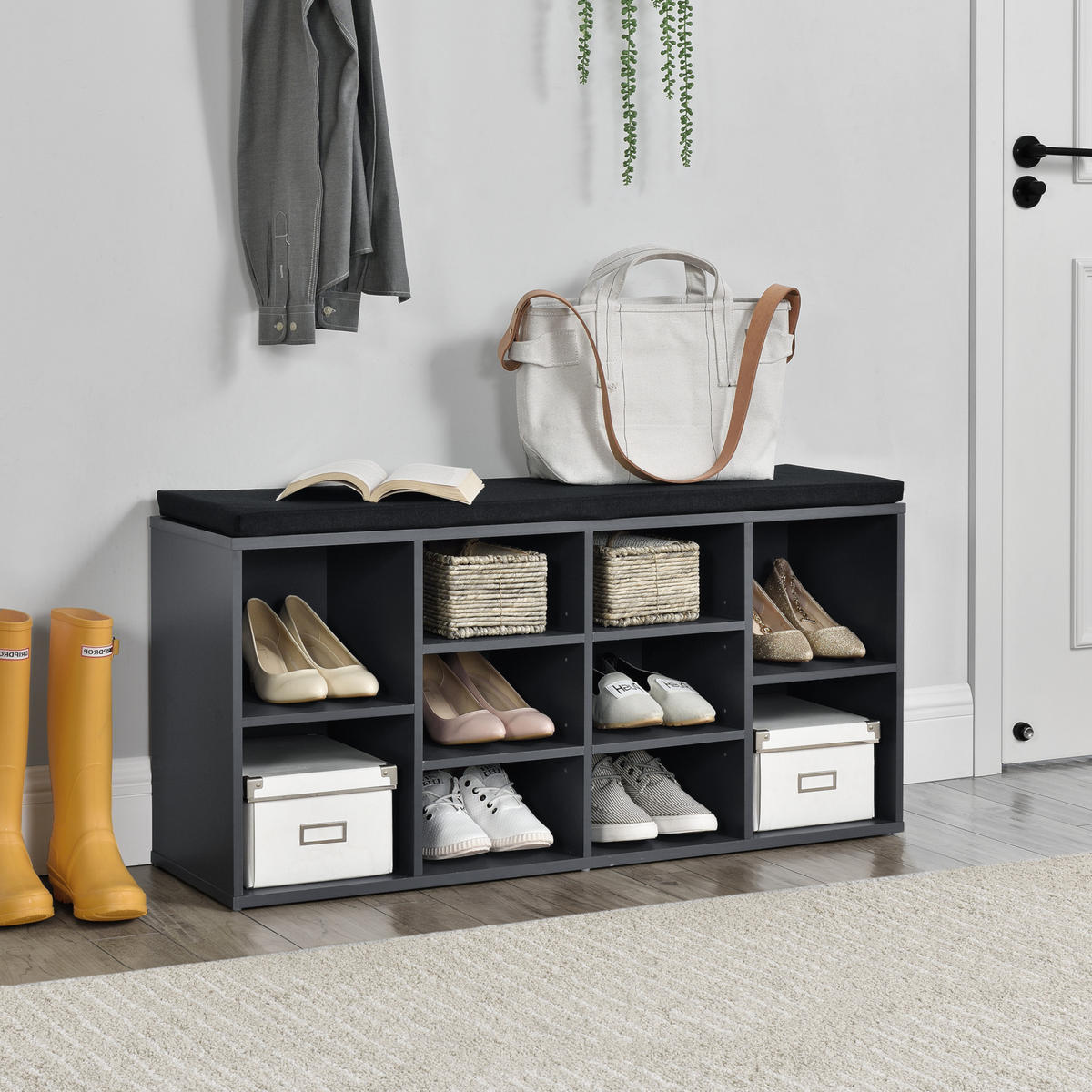 SCHUHBANK Leonidas - Dunkelgrau, Holzwerkstoff/Textil (103/48/30cm) - [en.casa]