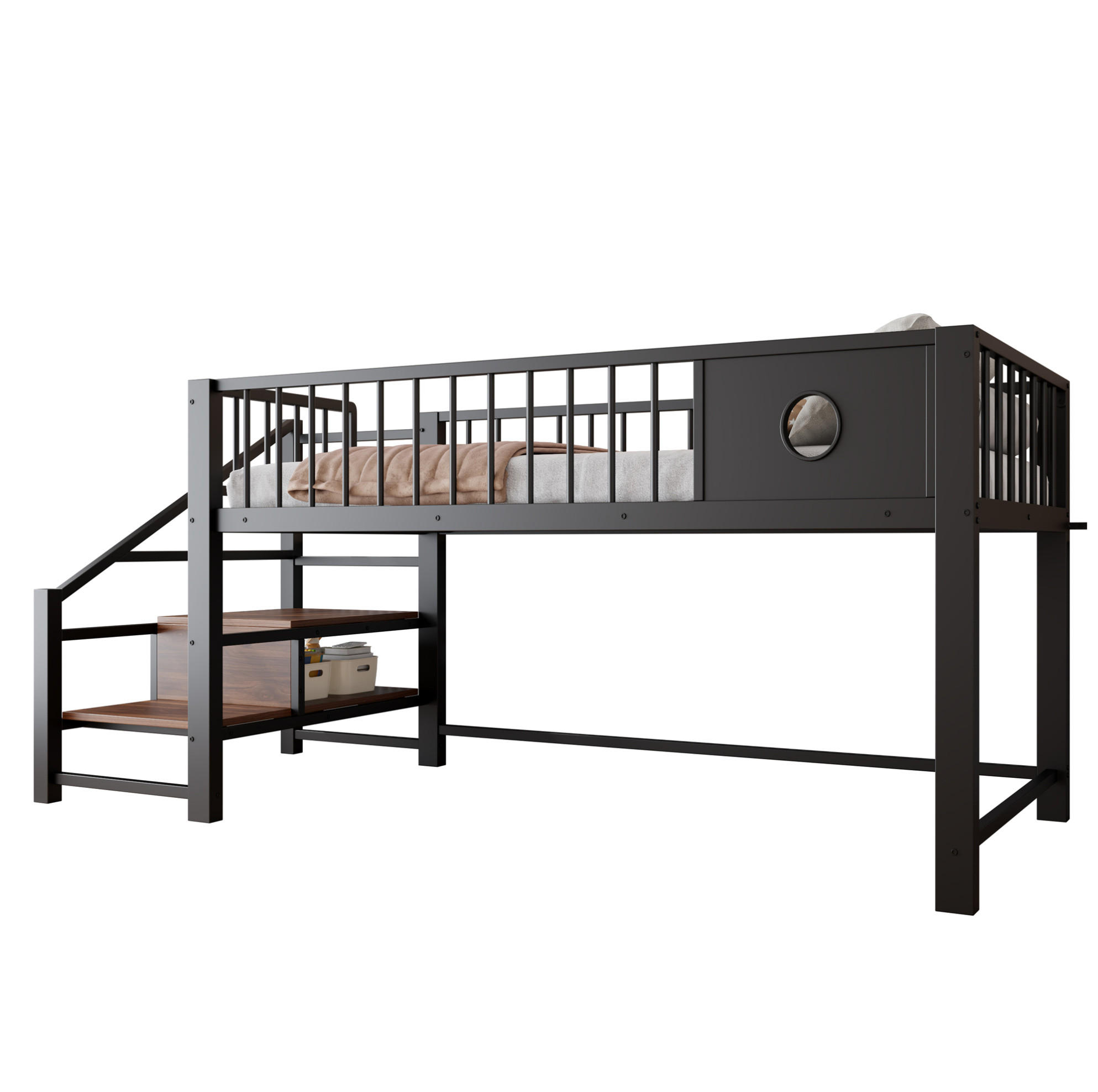 KINDERHOCHBETT 90/200 cm Schwarz aus Metall mit Stauraumleiter ohne Matratze - Schwarz, Metall (90/200cm) - MIVRAY