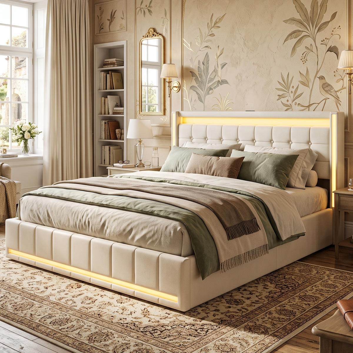 POLSTERBETT Geometrisch 180/200 cm mit 4 Schubladen & App-LED Leinenoptik Beige - Beige, Textil (180/200cm) - Creahappy