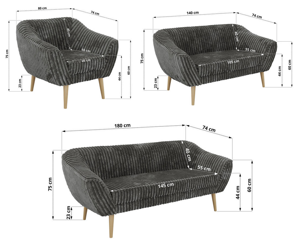 SEDACÍ SOUPRAVA 3+2+1 PIRS - Šedá Manšestr - Dřevěné nohy - šedá/barva buku, kompozitní dřevo/textil (180/75/74cm) - MKS