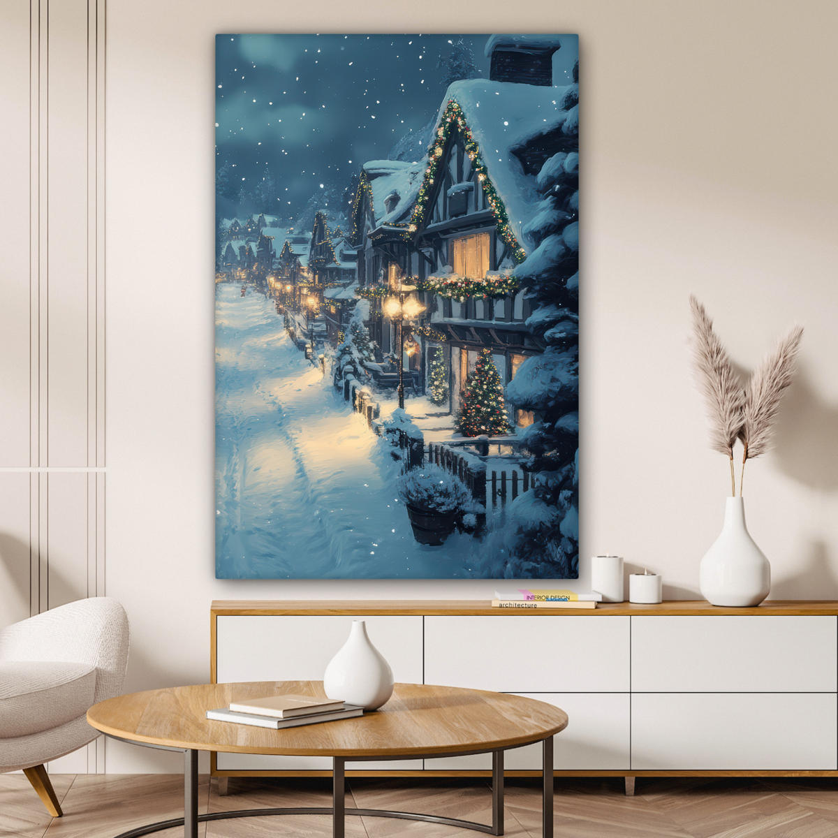 LEINWANDBILD Weihnachtsdorf - Weihnachten - Schnee - Winter Deko XXL 80x120 cm - Dunkelblau, Textil (80/120cm) - MuchoWow
